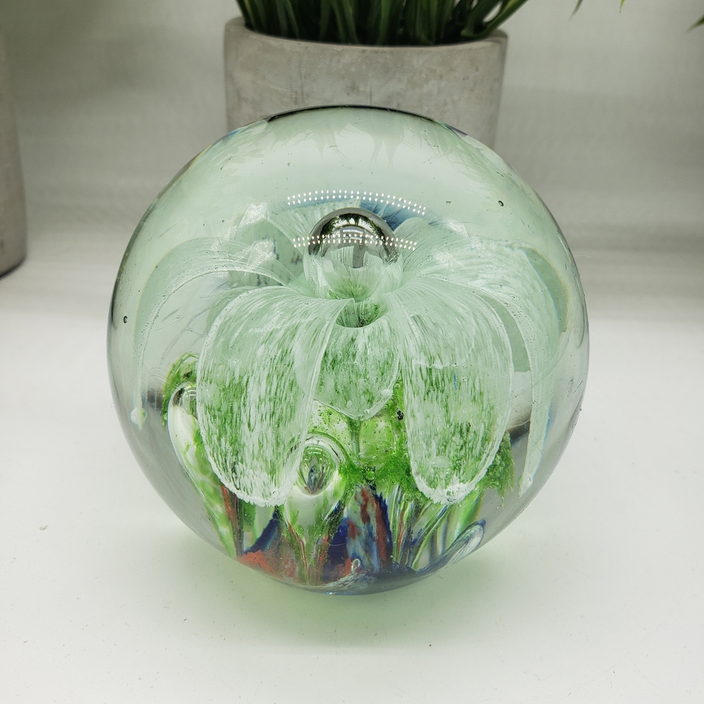Vintage Art Glass Paperweight or Sphere with Green and White Floral Motif